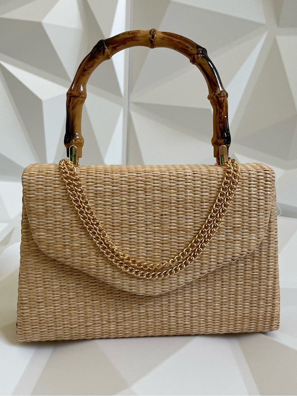 D'Margeaux Woven Straw Shoulder or Hand Bag with Bamboo-Style Handle-Natural